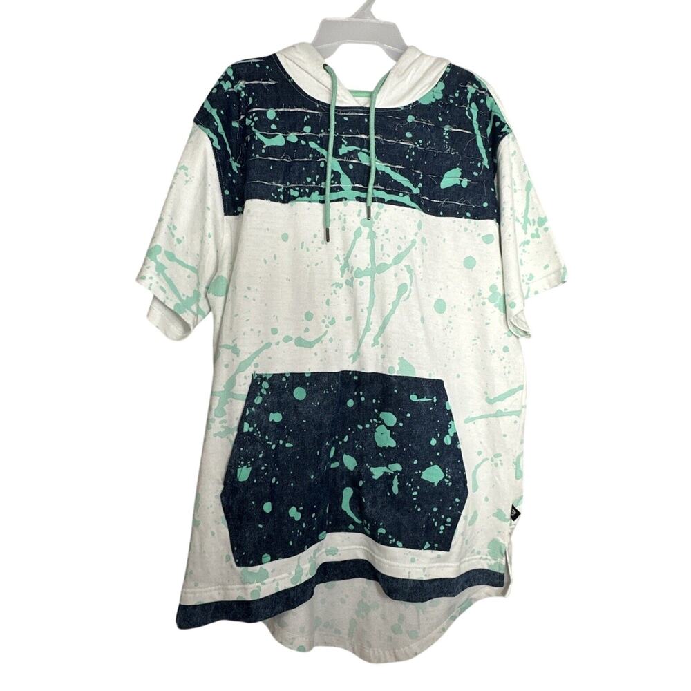 Encrypted Hooded Denim Blue White Shirt 90s Style Paint Splatter Design X Large